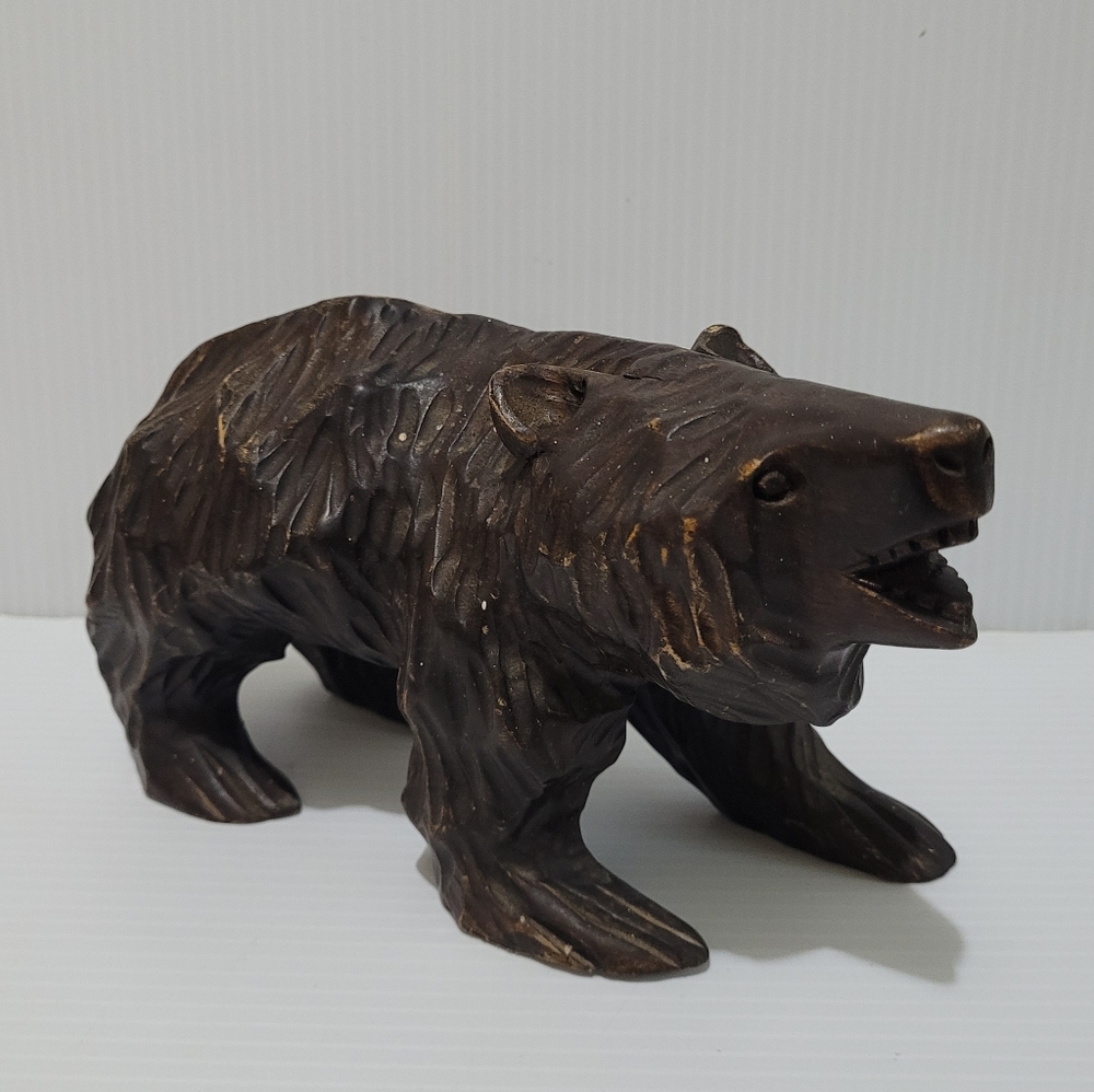 Vintage Extremely Rare Rustic Wood Carved Bear Ornament, 9 inches Longes.